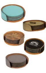 4" ROUND LETHERETTE COASTER SET OF 6 WITH CASE