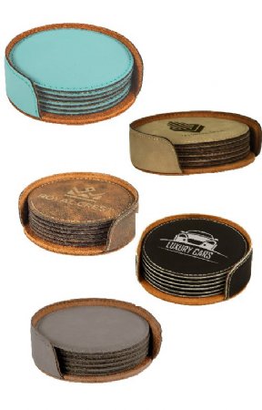 4" ROUND LEATHERETTE COASTER SET OF 6 WITH CASE